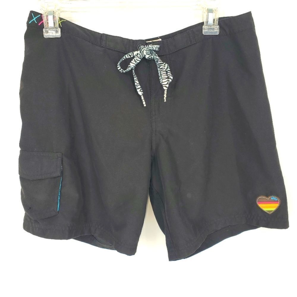 Roxy Black Shorts with Zebra Print Drawstring and Roxy Heart on Leg